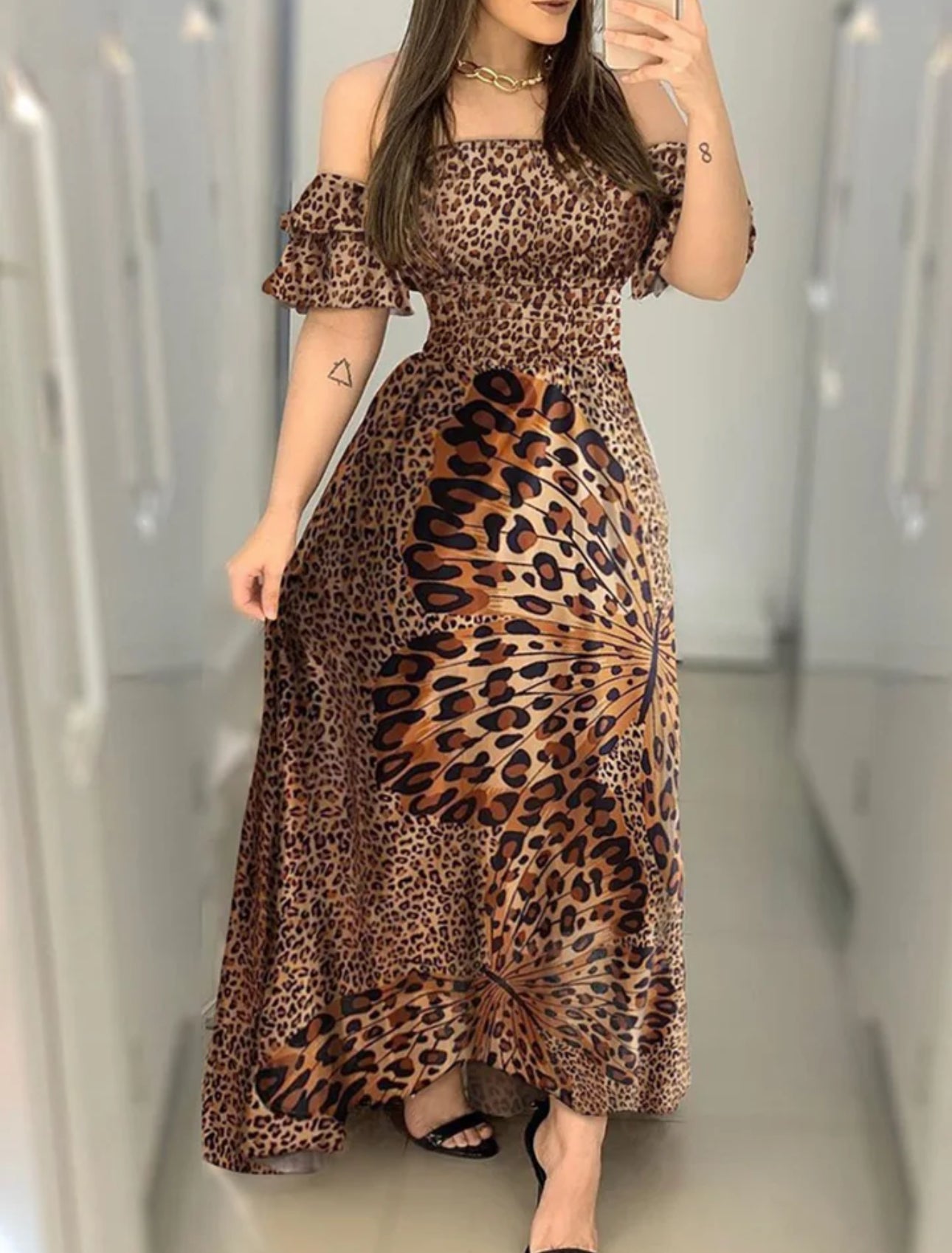 Vestido Maxi de verano estampado de leopardo y mariposa