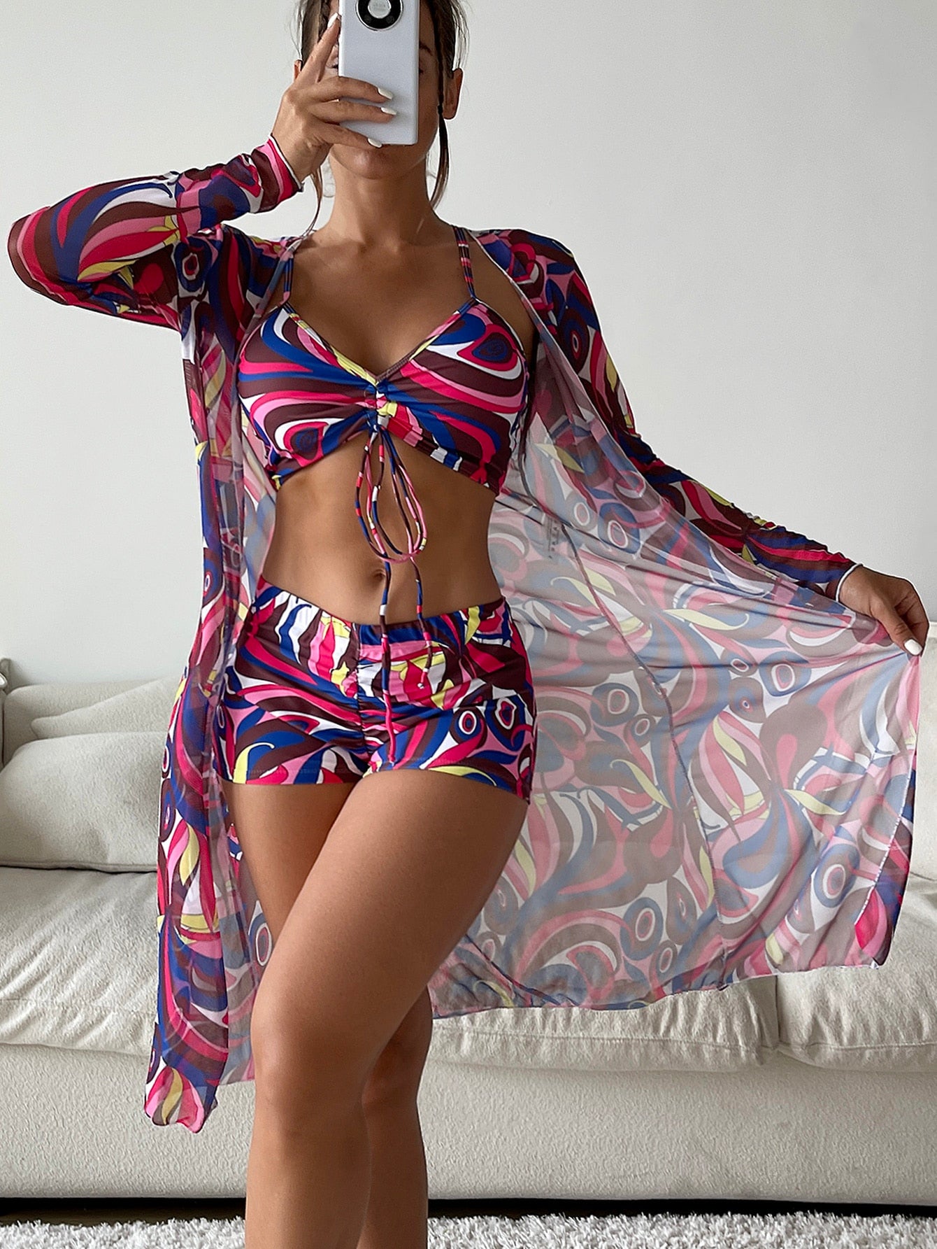 Bikini 3 piezas con kimono estampado