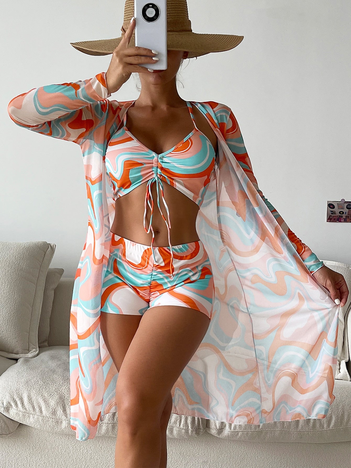 Bikini 3 piezas con kimono estampado