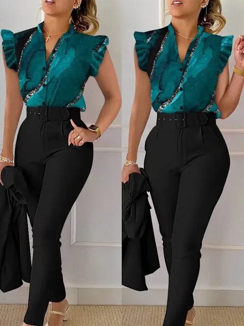 Conjunto 3 piezas panatalon blusa y correa