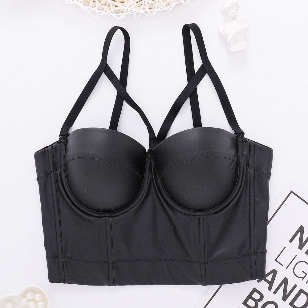 Women&#39;s Corsets Soft PU Leather Top Camisoles Sling Female Crop Tops Nightclub Solid Steampunk Camis Tube Bodycon Sexy Fish Bone