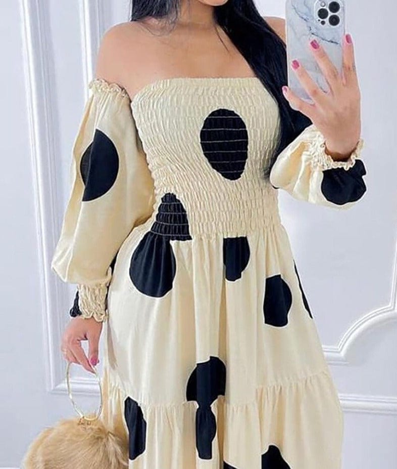 Vestido largo ajustado y acampanado con detalle de fruncido y estampado sin espalda de lunares con hombros descubiertos para mujer