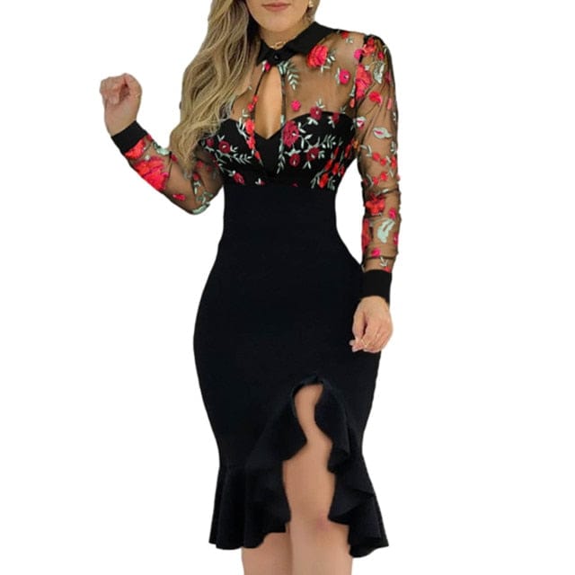 Vestido Elegante Floral Malla de Encaje Cuello en V de Volantes Dobladillo